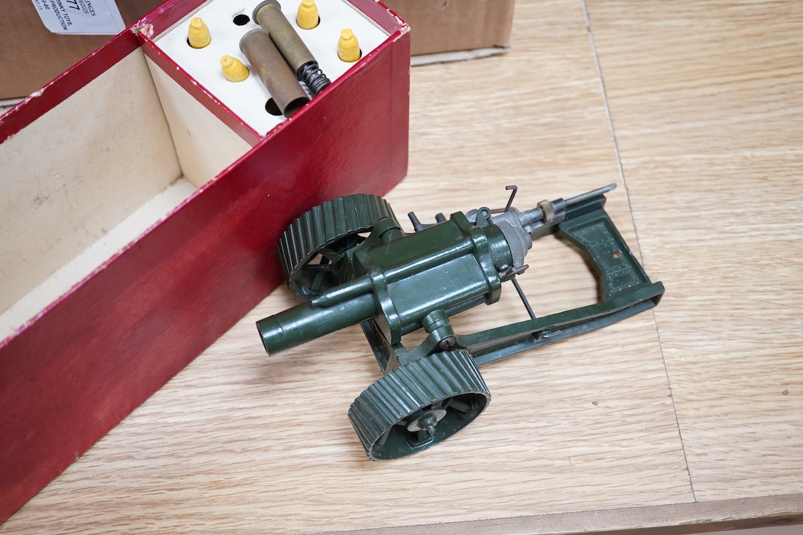 Three boxed Britains military field guns; a 4.7” Naval Gun, mounted for field service (No.1264), an 18” Howitzer (No.2107), and a 155mm Gun (No.2064), all with some accessories and shells missing